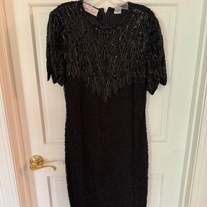 Lawrence Kazar Black Silk Beaded Dress, Size M